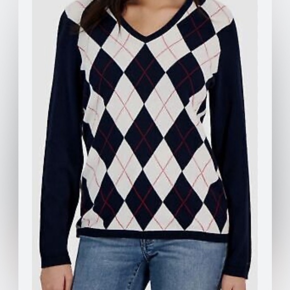 Tommy Hilfiger women’s size M argyle navy and white long sleeved v-neck top EUC - Picture 1 of 8